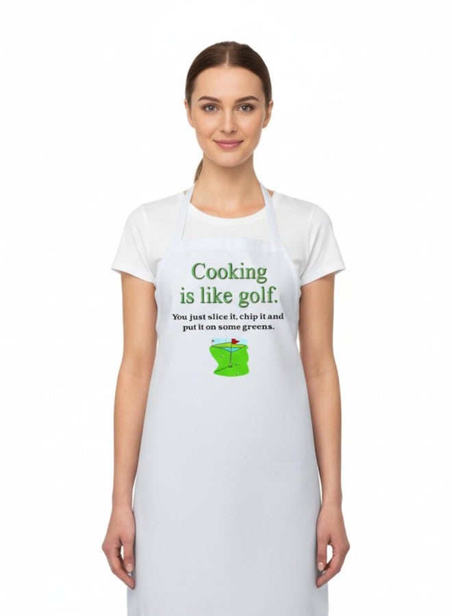 CoolAprons Funny Apron For Golfers Cooking Is Like Golf, Sarcastic White Chef Aprons - Image 1