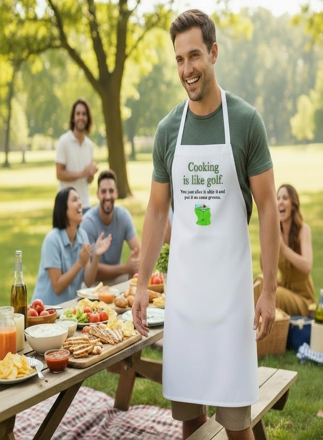 CoolAprons Funny Apron For Golfers Cooking Is Like Golf, Sarcastic White Chef Aprons - Image 3