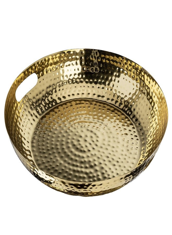 MyGift 14 Inch Deluxe Decorative Dish Tray Centerpiece Base, Brass Tone Plated Hammered Aluminum Fruit Bowl Serving Platter with Cutout Handles - Handcrafted in India - Image 1