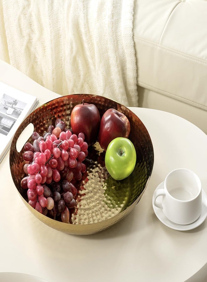 MyGift 14 Inch Deluxe Decorative Dish Tray Centerpiece Base, Brass Tone Plated Hammered Aluminum Fruit Bowl Serving Platter with Cutout Handles - Handcrafted in India - Image 4
