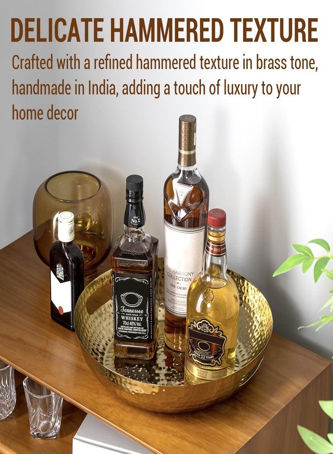 MyGift 14 Inch Deluxe Decorative Dish Tray Centerpiece Base, Brass Tone Plated Hammered Aluminum Fruit Bowl Serving Platter with Cutout Handles - Handcrafted in India - Image 2