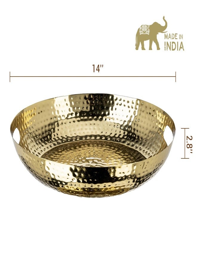 MyGift 14 Inch Deluxe Decorative Dish Tray Centerpiece Base, Brass Tone Plated Hammered Aluminum Fruit Bowl Serving Platter with Cutout Handles - Handcrafted in India - Image 5
