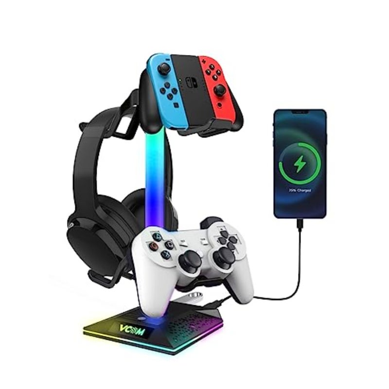 RGB Headphone Stand with 10 Light Modes, Gaming Controller Holder with 2 USB Ports, PC Gaming Accessories for Desk, Universal Organizer Headpsets/Xbox PS5 Controller Stand Gamer gifts - Image 1