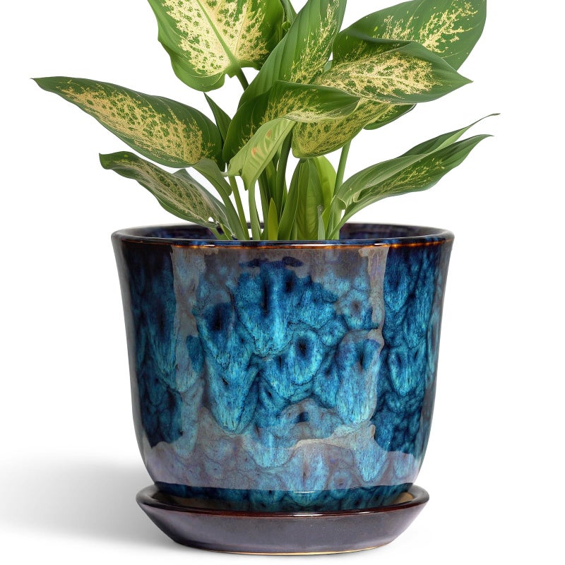 SUNPOTFOR 5.6 Inch Plant Pot - Ceramic Pots for Plants with Drainage Hole and Saucer, Round Succulent Flower Orchid Pot for Indoor Outdoor, Modern Planter, Home Room Decor, Gift for Plant Lover, Blue - Image 1
