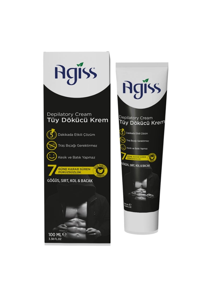 Agiss Men’s Hair Removal Cream – Fast 5-Minute Depilatory Formula for Chest, Back, Arms & Legs – Smooth Results without Razor Burn or Ingrowns – 100ml Per Tube