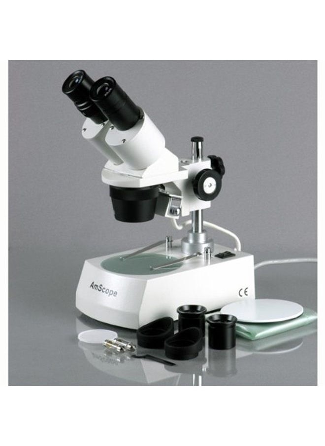 AmScope SE305R-PZ Forward Binocular Stereo Microscope, WF10x and WF20x Eyepieces, 10X-60X Magnification, 1X and 3X Objectives, Upper and Lower Halogen Light Source, Pillar Stand, 120V , White 