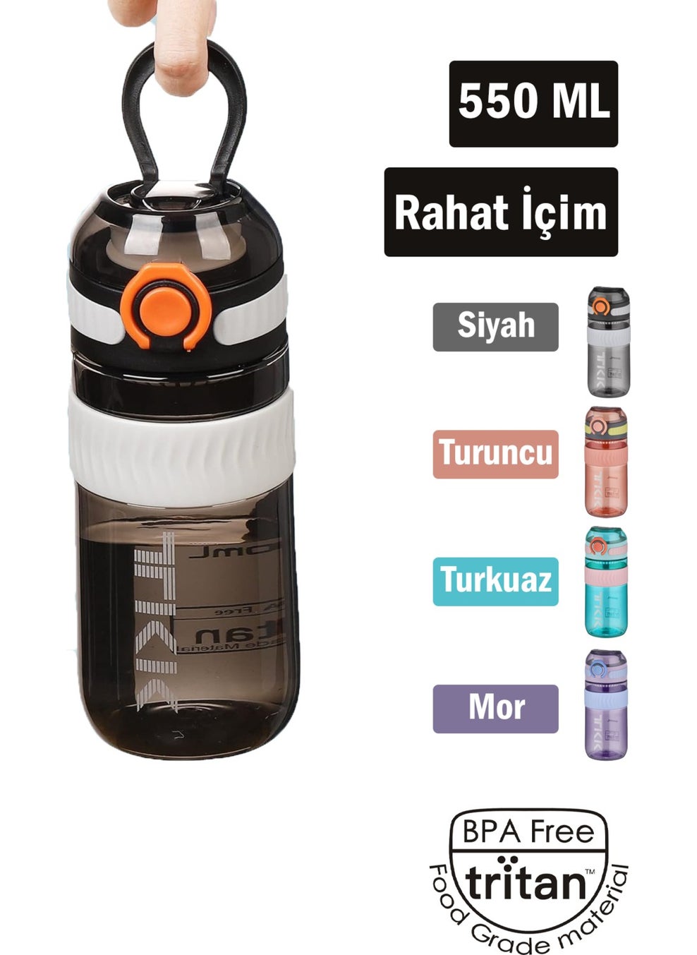 Vagonlife - Tkk 550 ml Comfortable Drinking (U Mouth) Bpa Free Tritan Water Bottle with Carrying Handle FFTKK1016-550ML - Image 1