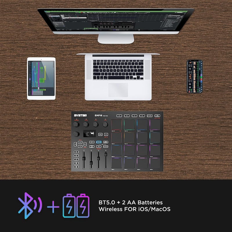 HXW EMP16 جهاز تحكم باد MIDI صانع الإيقاع مع بلوتوث، 16 وسادة إيقاع حساسة للسرعة RGB، 16 مستوى، مستوى كامل/نصف، شاشة OLED، MIDI إدخال/إخراج - Image 2