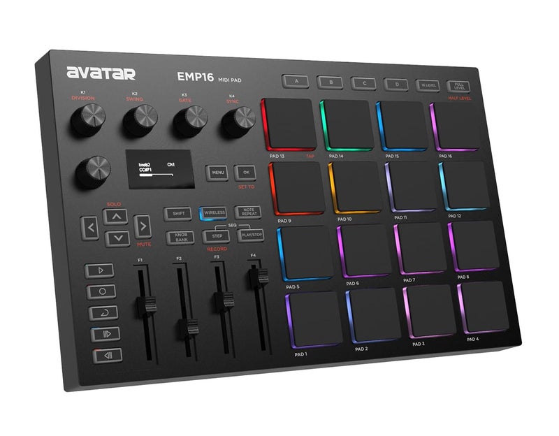 HXW EMP16 جهاز تحكم باد MIDI صانع الإيقاع مع بلوتوث، 16 وسادة إيقاع حساسة للسرعة RGB، 16 مستوى، مستوى كامل/نصف، شاشة OLED، MIDI إدخال/إخراج - Image 1