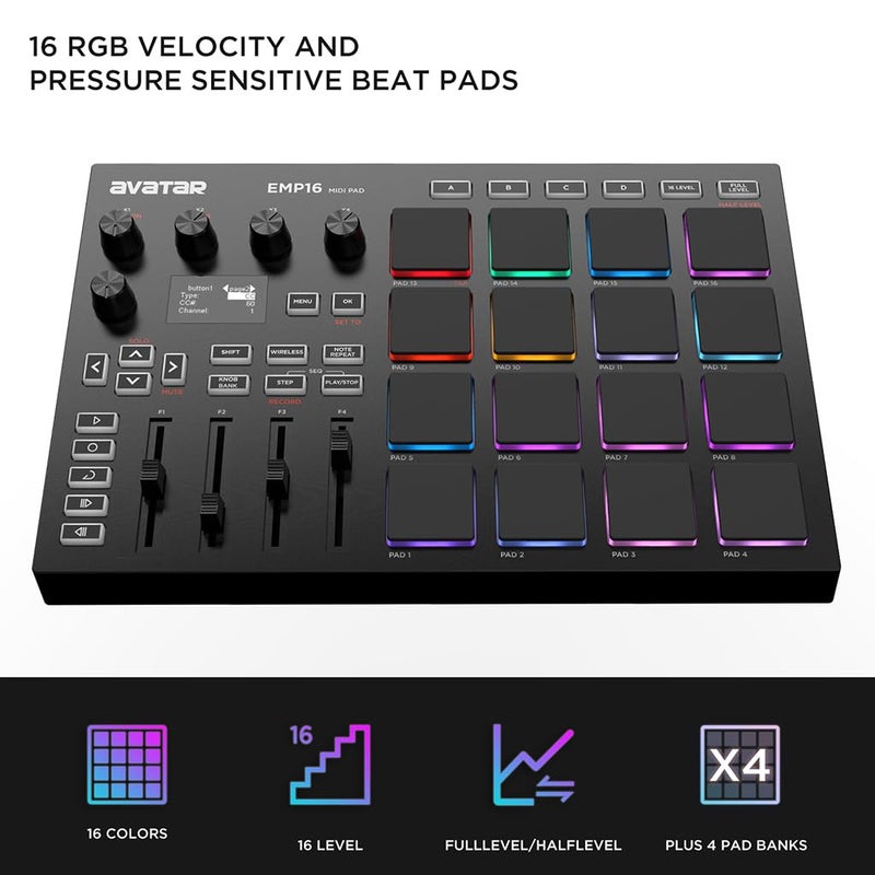 HXW EMP16 جهاز تحكم باد MIDI صانع الإيقاع مع بلوتوث، 16 وسادة إيقاع حساسة للسرعة RGB، 16 مستوى، مستوى كامل/نصف، شاشة OLED، MIDI إدخال/إخراج - Image 3
