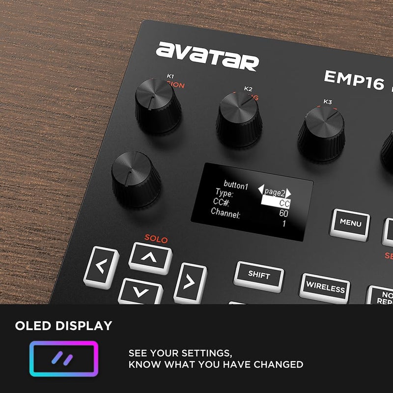 HXW EMP16 جهاز تحكم باد MIDI صانع الإيقاع مع بلوتوث، 16 وسادة إيقاع حساسة للسرعة RGB، 16 مستوى، مستوى كامل/نصف، شاشة OLED، MIDI إدخال/إخراج - Image 5