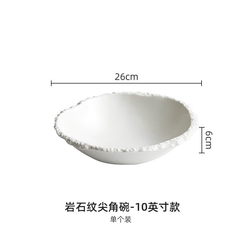 White Ceramic Soup Bowl with Rock Pattern 10 "Rock-grain Pointed Bowl