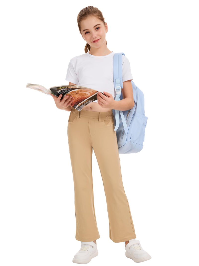 QBK Girls Flare Dress Pants Kids School Uniform Bell Bottoms with Elastic Waist for Teens Size 6-15 Years (Khaki,12-13Y) - Image 2