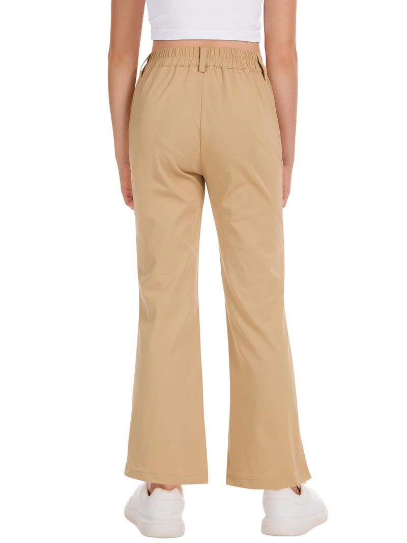QBK Girls Flare Dress Pants Kids School Uniform Bell Bottoms with Elastic Waist for Teens Size 6-15 Years (Khaki,12-13Y) - Image 3