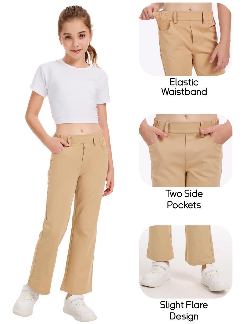 QBK Girls Flare Dress Pants Kids School Uniform Bell Bottoms with Elastic Waist for Teens Size 6-15 Years (Khaki,12-13Y) - Image 4