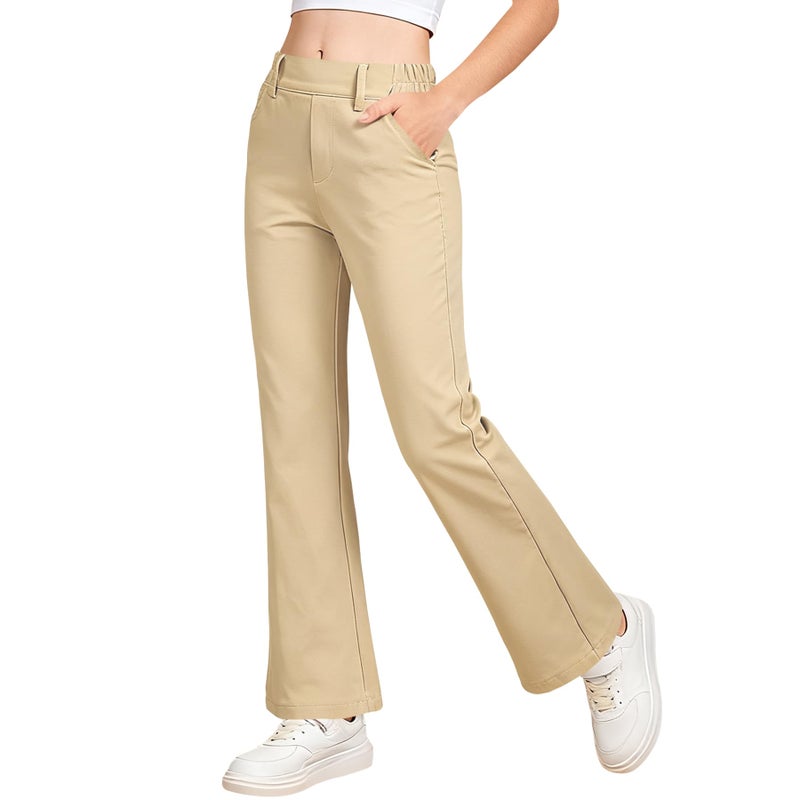 QBK Girls Flare Dress Pants Kids School Uniform Bell Bottoms with Elastic Waist for Teens Size 6-15 Years (Khaki,12-13Y) - Image 1
