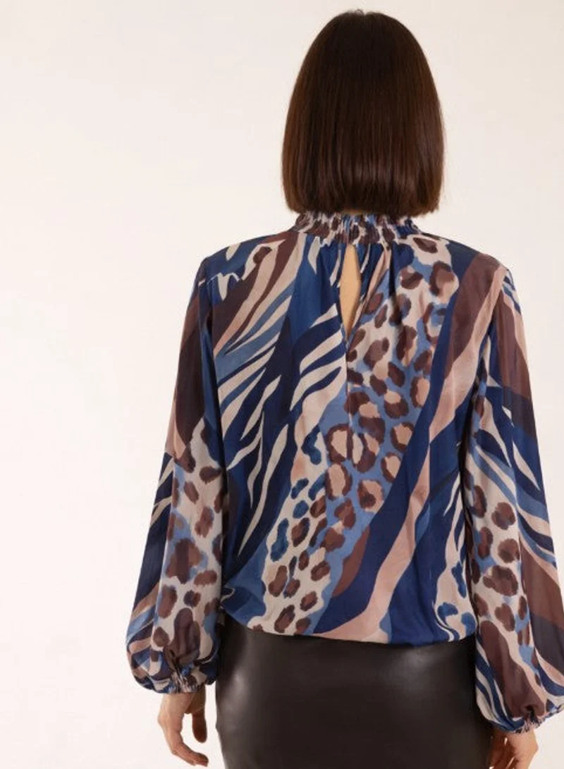 Blue Vanilla High Neck Puffball Printed Top