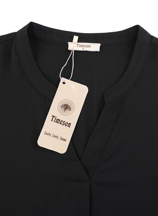 Timeson Women's Casual Chiffon V Neck 3/4 Sleeve Blouse Tops, Black, L - Image 5