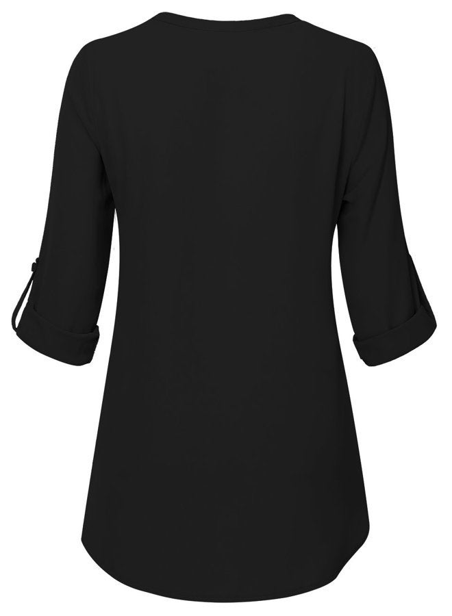 Timeson Women's Casual Chiffon V Neck 3/4 Sleeve Blouse Tops, Black, L - Image 4