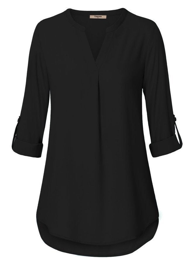 Timeson Women's Casual Chiffon V Neck 3/4 Sleeve Blouse Tops, Black, L - Image 3