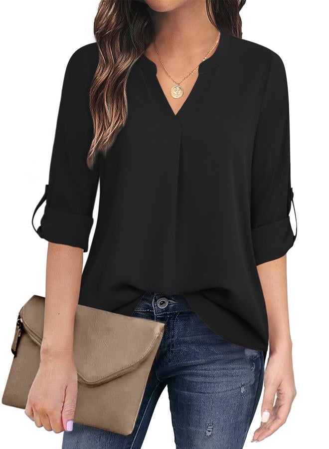 Timeson Women's Casual Chiffon V Neck 3/4 Sleeve Blouse Tops, Black, L - Image 1