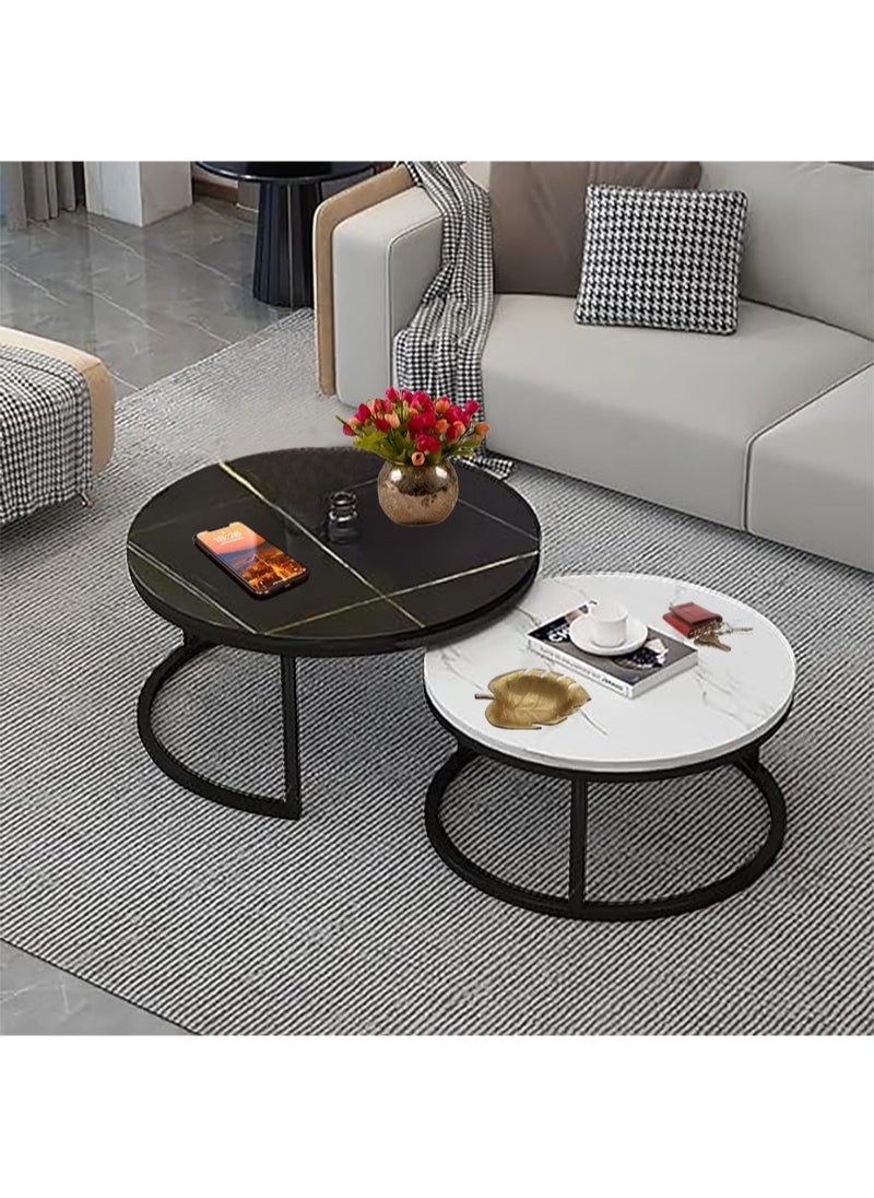 AGD - 2 Pieces Table Set, Round Nesting Storage Coffee Tables with Open Shelf Simple Marble Design for Living Room Office 70x70x45cm, 50x50x40cm - Image 1