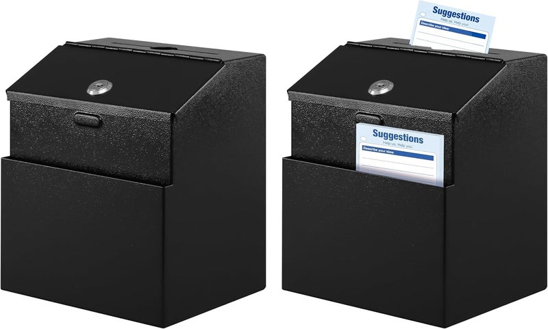 KYODOLED Suggestion Box with Lock and Slot, Metal Wall Mounted Money Key Drop Box with 100 Free Suggestion Cards, Donation and Collection for Fundraising, Black, 2Pack - Image 1