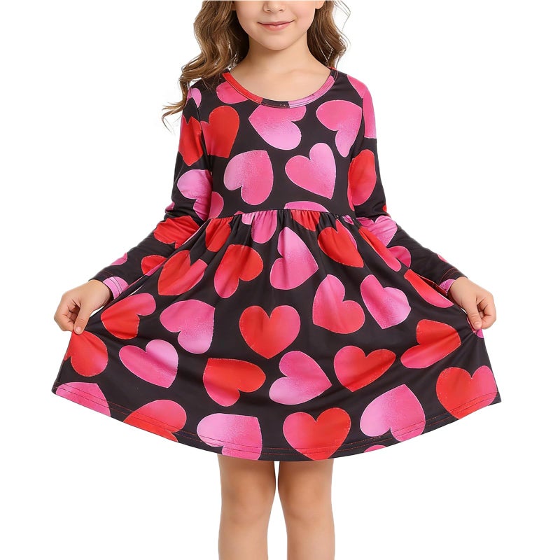 DACSOIT Valentines Toddler Girl Dress Love Hearts Print Ruffle Bottom Long Sleeve Casual Dress 6-7Y - Image 1