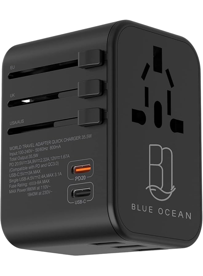 BLUE OCEAN BLUE OCEAN Travel Adapter 35.5W With 3 Usb Ports-1 Type C 3.0A–1 PD 20W/QC 3.0 Universal Travel Adaptor, Adapter For Phones, Power Socket Plugs Uk Eu Us Au Switch With Pouch (35W - 5USB)  - Image 1
