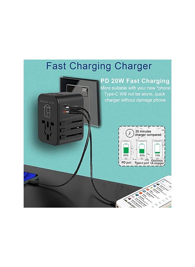 BLUE OCEAN BLUE OCEAN Travel Adapter 35.5W With 3 Usb Ports-1 Type C 3.0A–1 PD 20W/QC 3.0 Universal Travel Adaptor, Adapter For Phones, Power Socket Plugs Uk Eu Us Au Switch With Pouch (35W - 5USB)  - Image 3