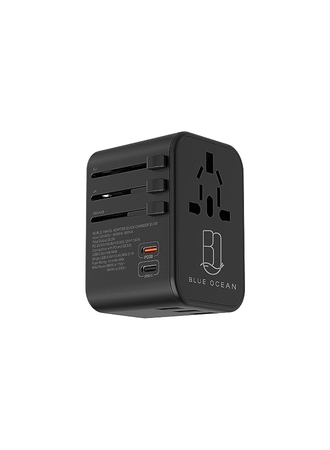 BLUE OCEAN BLUE OCEAN Travel Adapter 35.5W With 3 Usb Ports-1 Type C 3.0A–1 PD 20W/QC 3.0 Universal Travel Adaptor, Adapter For Phones, Power Socket Plugs Uk Eu Us Au Switch With Pouch (35W - 5USB)  - Image 4
