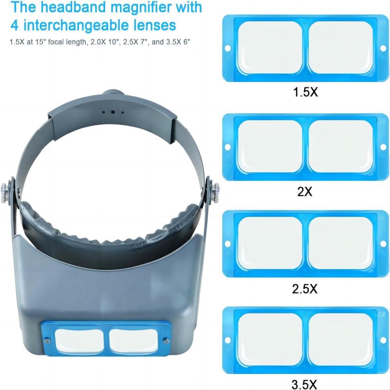 Head-Mounted Magnifier 4 Interchangeable Lenses 1.5X 2X 2.5X 3.5X Optical Glass Lens - Adjustable Comfortable Headband Magnifying Glasses for Jewelry Making Reading Repair - Image 3