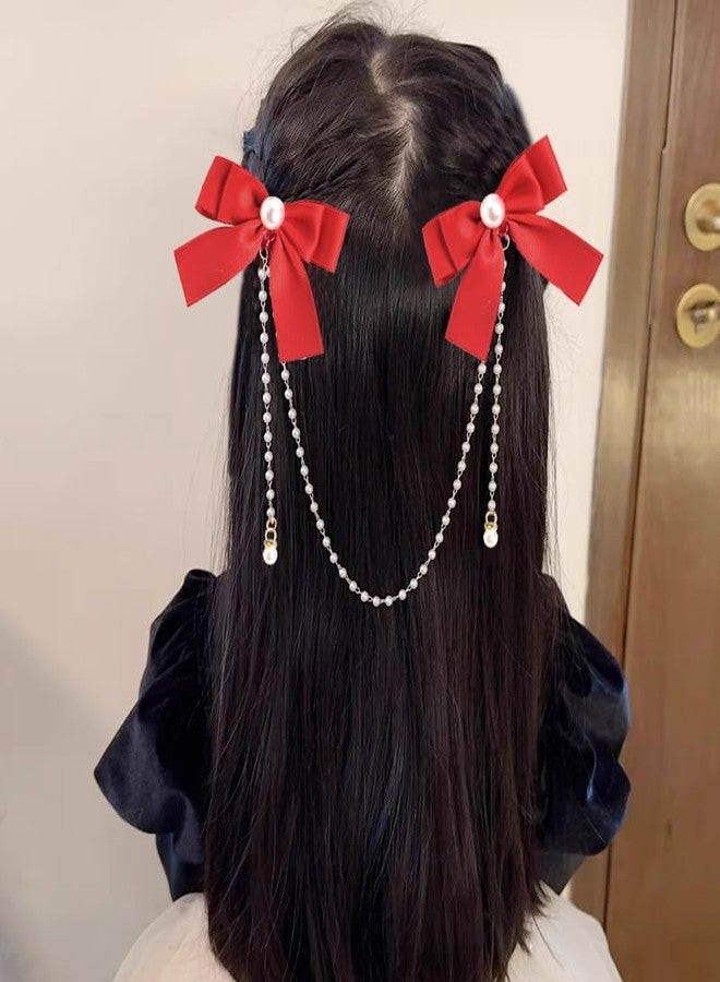 CHIROGRAPHY قطعة واحدة من مشابك الشعر الفاخرة على شكل فيونكة للفتيات الصغيرات، شرائط شعر حمراء للأطفال، فيونكات شعر للإكسسوارات للنساء، سلسلة شعر بشرابة لؤلؤية، مشبك شعر على شكل فيونكة للفتيات الصغيرات - Image 2