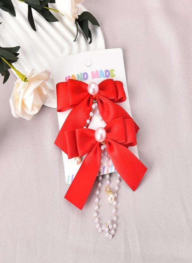 CHIROGRAPHY قطعة واحدة من مشابك الشعر الفاخرة على شكل فيونكة للفتيات الصغيرات، شرائط شعر حمراء للأطفال، فيونكات شعر للإكسسوارات للنساء، سلسلة شعر بشرابة لؤلؤية، مشبك شعر على شكل فيونكة للفتيات الصغيرات - Image 4