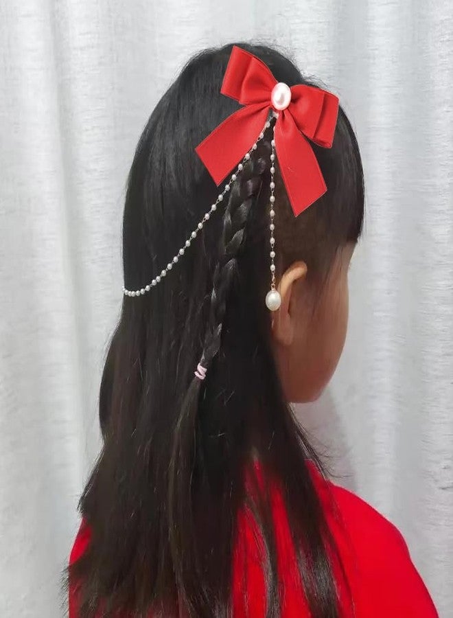 CHIROGRAPHY قطعة واحدة من مشابك الشعر الفاخرة على شكل فيونكة للفتيات الصغيرات، شرائط شعر حمراء للأطفال، فيونكات شعر للإكسسوارات للنساء، سلسلة شعر بشرابة لؤلؤية، مشبك شعر على شكل فيونكة للفتيات الصغيرات - Image 3