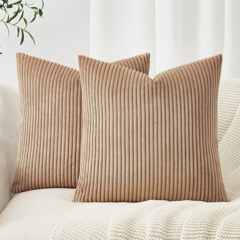 غطاء وسادة من مقاس 50 × 50 سم من الكوردورو باللون البني، مجموعة من 2 غطاء وسادة بنقش أشعة، غطاء وسادة زخرفي، للأريكة. - Image 1