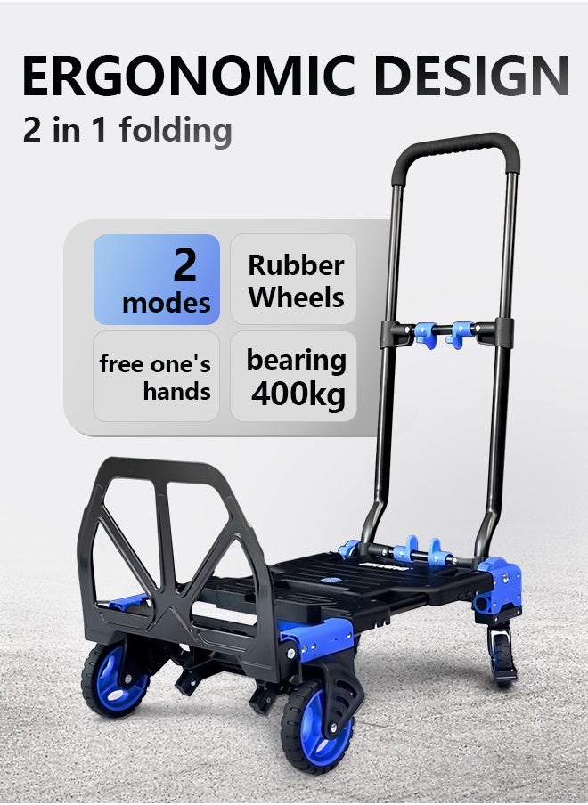 2 in 1 Folding Hand Truck Dolly Cart, 150KG Capacity Portable Folding Hand Cart, Hand Truck Foldable Dolly with Retractable Handle, Folding Dolly Cart with Wheels, Collapsible Dolly for Moving