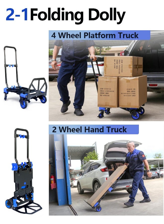 2 in 1 Folding Hand Truck Dolly Cart, 150KG Capacity Portable Folding Hand Cart, Hand Truck Foldable Dolly with Retractable Handle, Folding Dolly Cart with Wheels, Collapsible Dolly for Moving