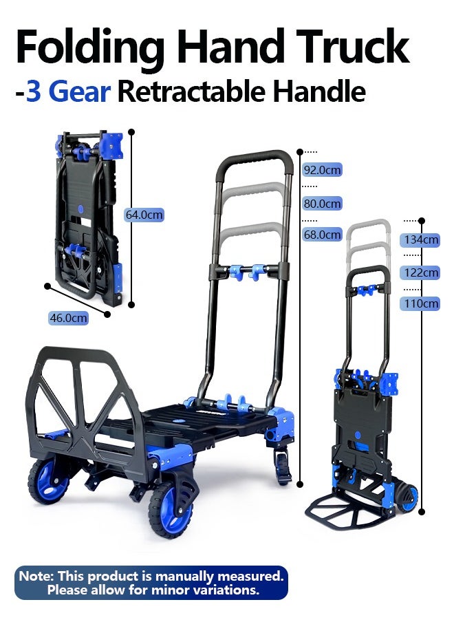2 in 1 Folding Hand Truck Dolly Cart, 150KG Capacity Portable Folding Hand Cart, Hand Truck Foldable Dolly with Retractable Handle, Folding Dolly Cart with Wheels, Collapsible Dolly for Moving