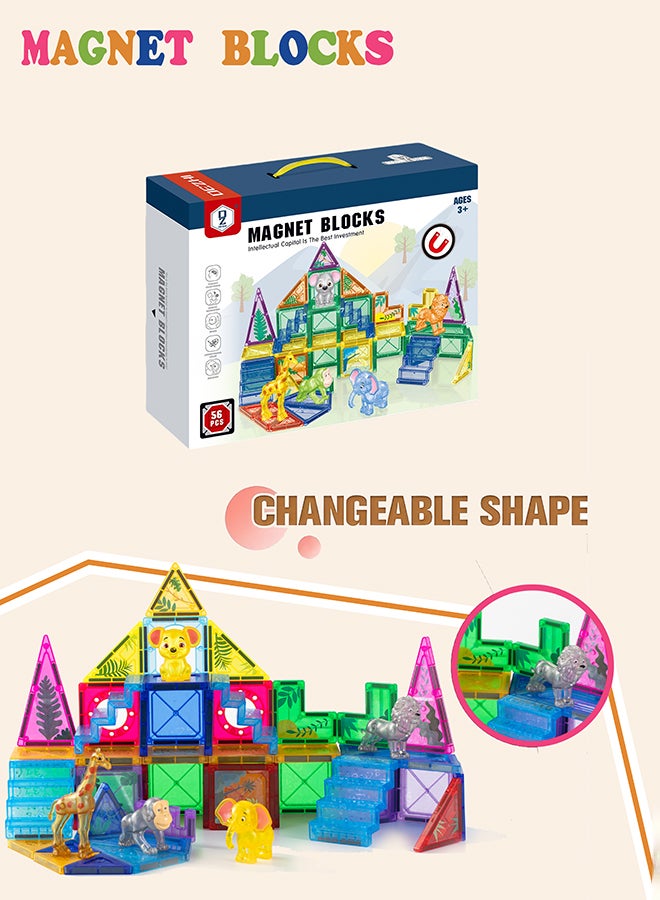 DEZHI مجموعة بلاطات مغناطيسية 52 قطعة، كتل مغناطيسية لألعاب البناء، بلاطات مغناطيسية حيوانات للأطفال من 3-5 سنوات، هيكل ثلاثي الأبعاد بموضوع الغابة، لعبة تعليمية STEM للأطفال البنات والأولاد من عمر 3 سنوات فما فوق. - Image 5