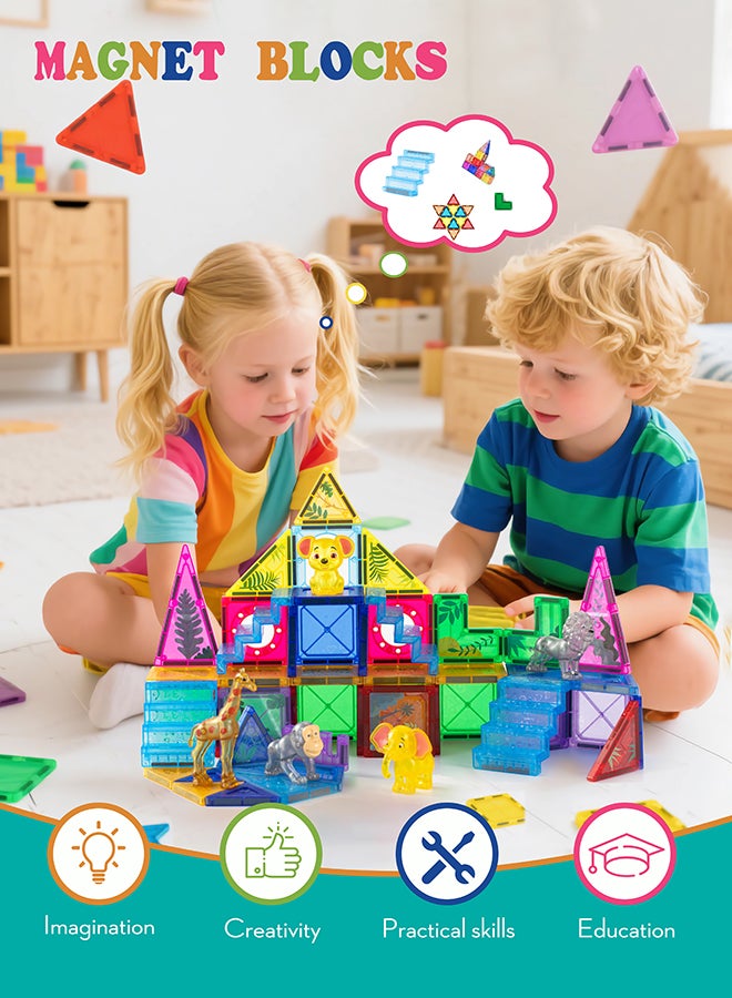 DEZHI مجموعة بلاطات مغناطيسية 52 قطعة، كتل مغناطيسية لألعاب البناء، بلاطات مغناطيسية حيوانات للأطفال من 3-5 سنوات، هيكل ثلاثي الأبعاد بموضوع الغابة، لعبة تعليمية STEM للأطفال البنات والأولاد من عمر 3 سنوات فما فوق. - Image 1