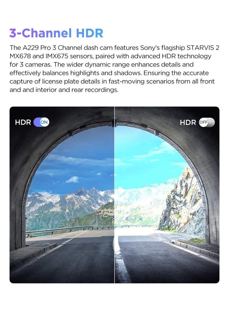فيوفو كاميرا داش كام احترافية بدقة 4K من VIOFO بثلاث قنوات تصوير (أمامي + خلفي + داخلي)، مزودة بمستشعر Sony STARVIS 2 لضمان وضوح عالي حتى في الإضاءة المنخفضة، مع دعم WiFi مزدوج وGPS ووضع المراقبة أثناء التوقف - Image 3