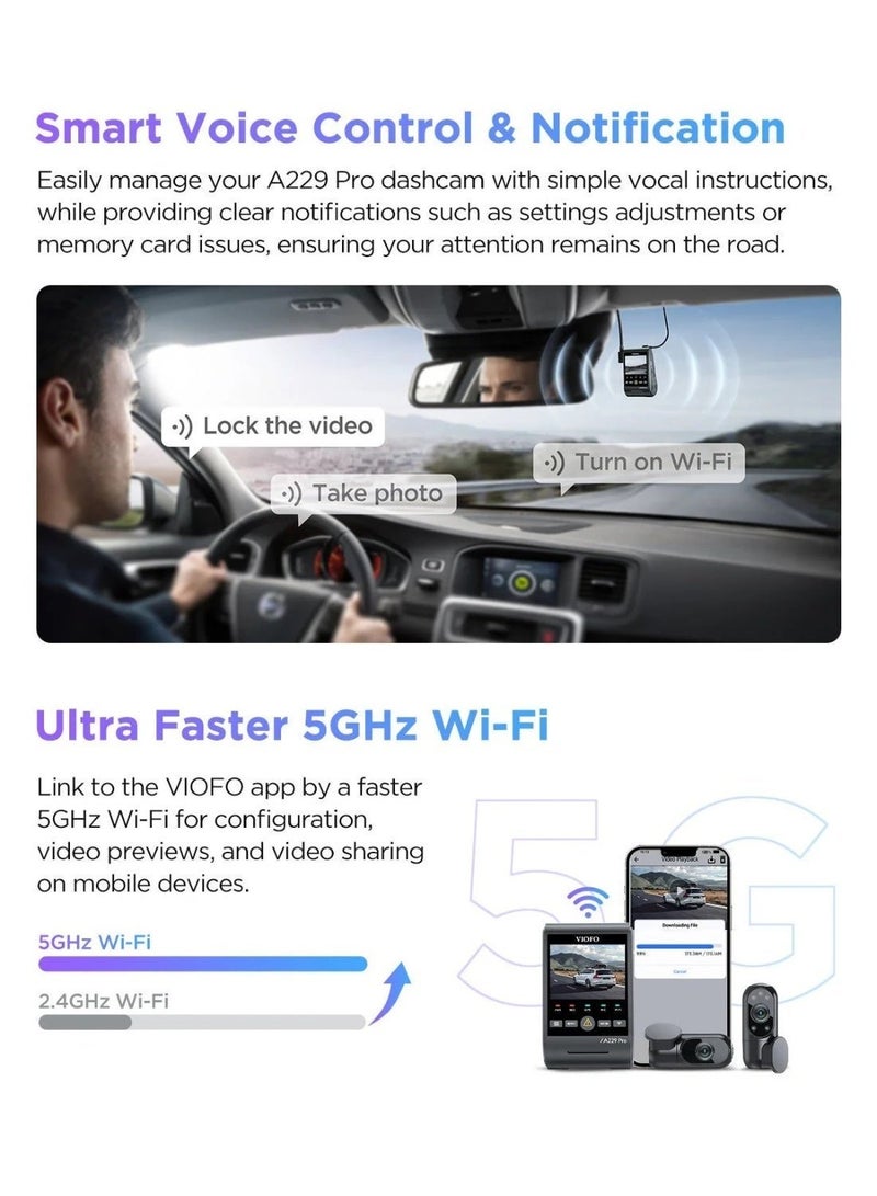 فيوفو كاميرا داش كام احترافية بدقة 4K من VIOFO بثلاث قنوات تصوير (أمامي + خلفي + داخلي)، مزودة بمستشعر Sony STARVIS 2 لضمان وضوح عالي حتى في الإضاءة المنخفضة، مع دعم WiFi مزدوج وGPS ووضع المراقبة أثناء التوقف - Image 4