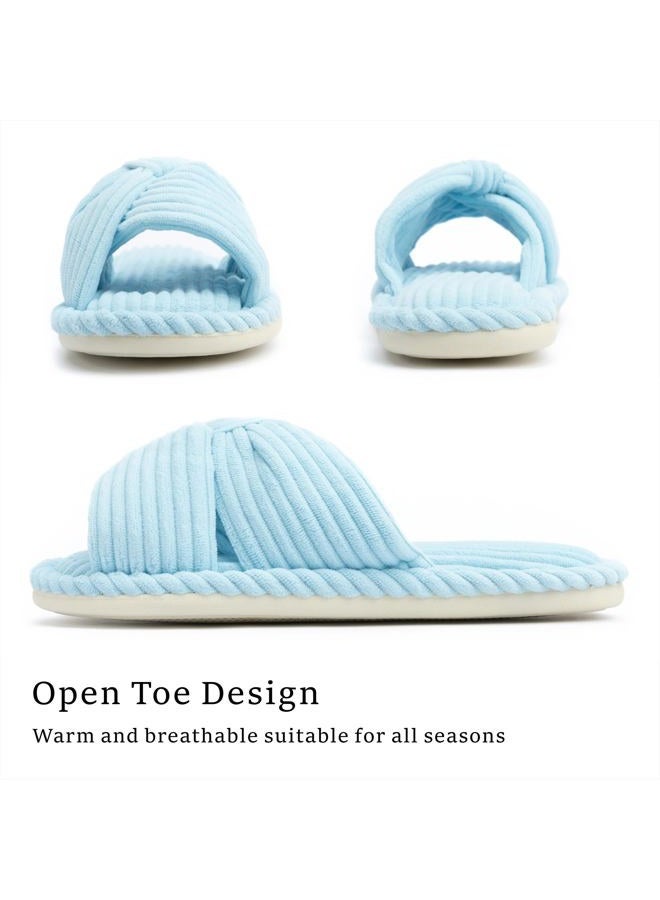 Chantomoo Slippers for Women Memory Foam House Womens Slipper Slides Home Bedroom Bathroom Spa Open Toe Corduroy Bow Slippers Cozy Comfortable Light Blue 40/41 EU - Image 3