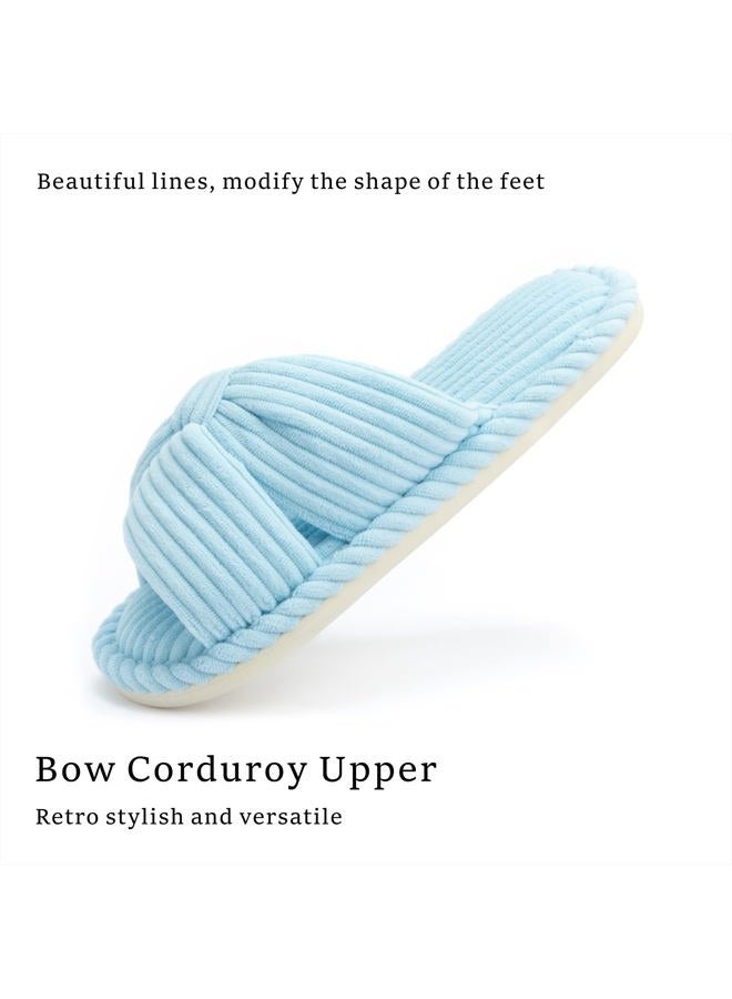 Chantomoo Slippers for Women Memory Foam House Womens Slipper Slides Home Bedroom Bathroom Spa Open Toe Corduroy Bow Slippers Cozy Comfortable Light Blue 40/41 EU - Image 5