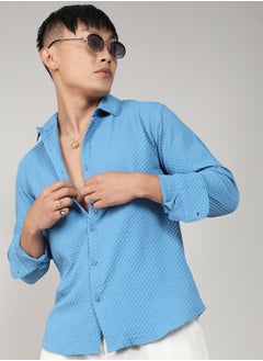 Campus Sutra Men's Sky Blue Textured Micro Buffalo Check Shirt  - Image 1