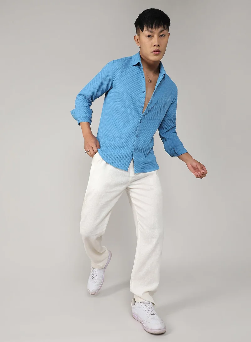 Campus Sutra Men's Sky Blue Textured Micro Buffalo Check Shirt