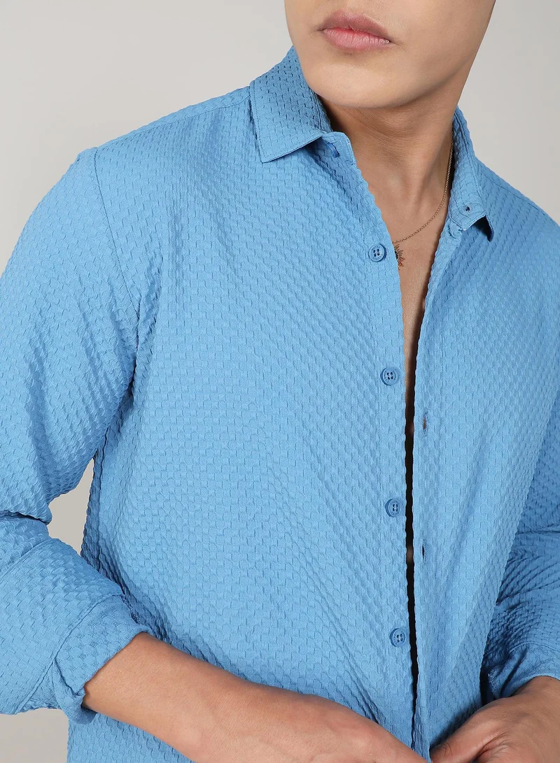 Campus Sutra Men's Sky Blue Textured Micro Buffalo Check Shirt