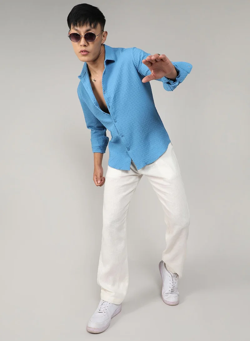 Campus Sutra Men's Sky Blue Textured Micro Buffalo Check Shirt