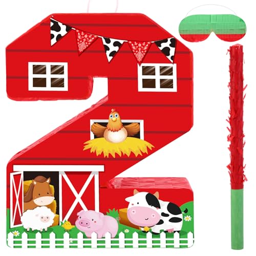 Hungdao Farm Birthday Piata Number Piata with Blindfold Bat and Confetti Farm Animal Piata for Boys Girls Birthday Party Decorations Barnyard Baby Shower Carnival Game SuppliesFarm Number 2 - Image 1